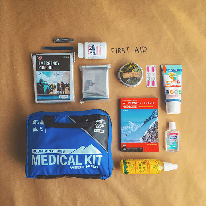 Flat-lay of med kit contents