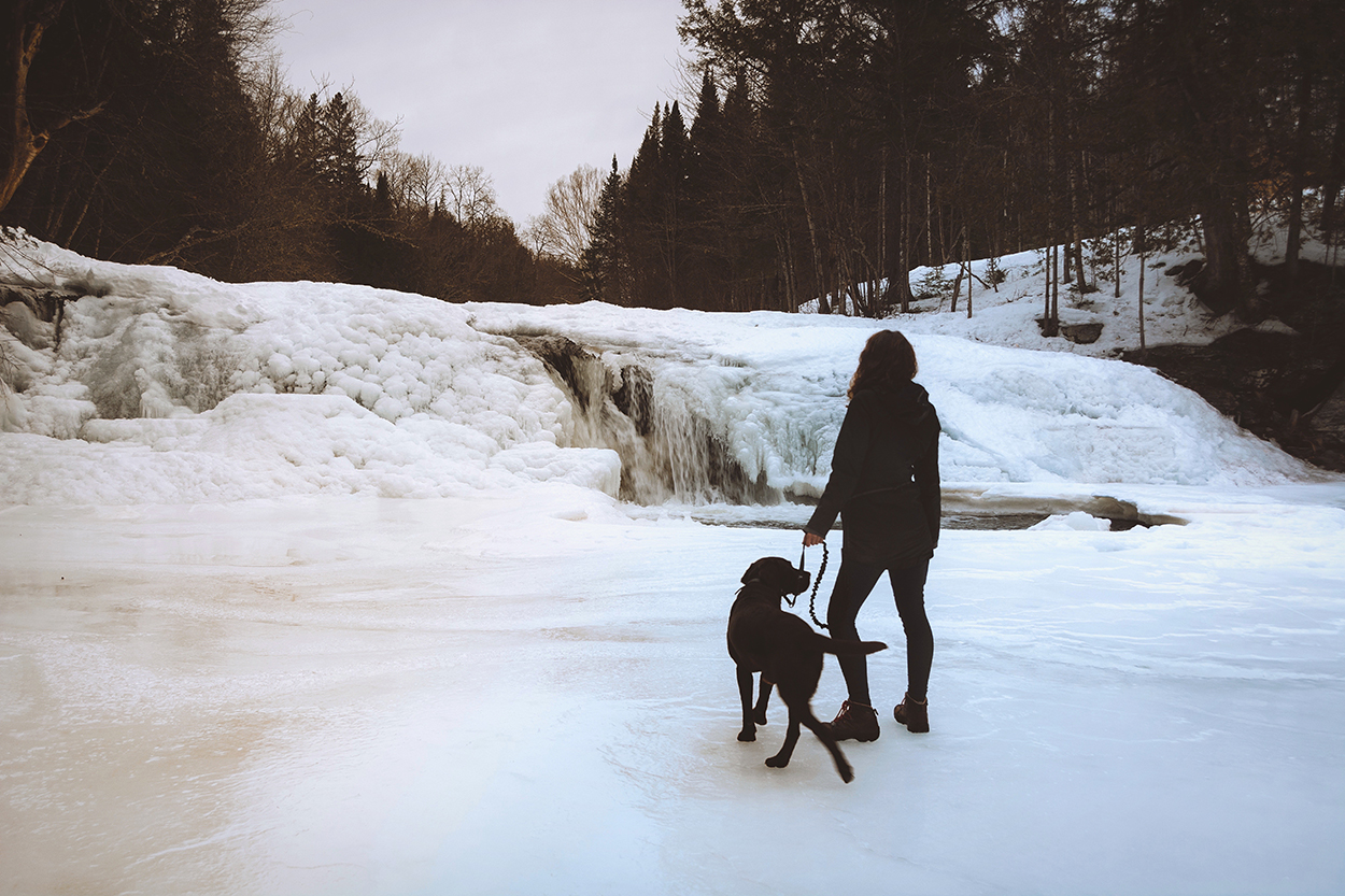 Woman stands on ice with her dog at Dunbar Falls on a snowy winter day.