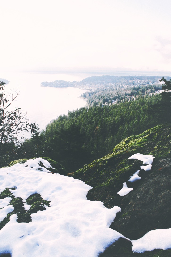 The view from Soames Hill in the winter months. The town of Gibsons and Keats Island is visible below.