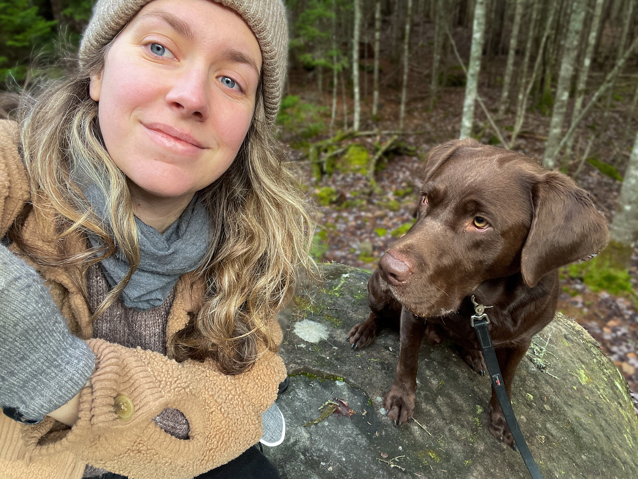Moose and I on a walk looking for tree lungwort (Lobaria pulmonaria). We're taking a little rest on a rock and taking a selfie.
