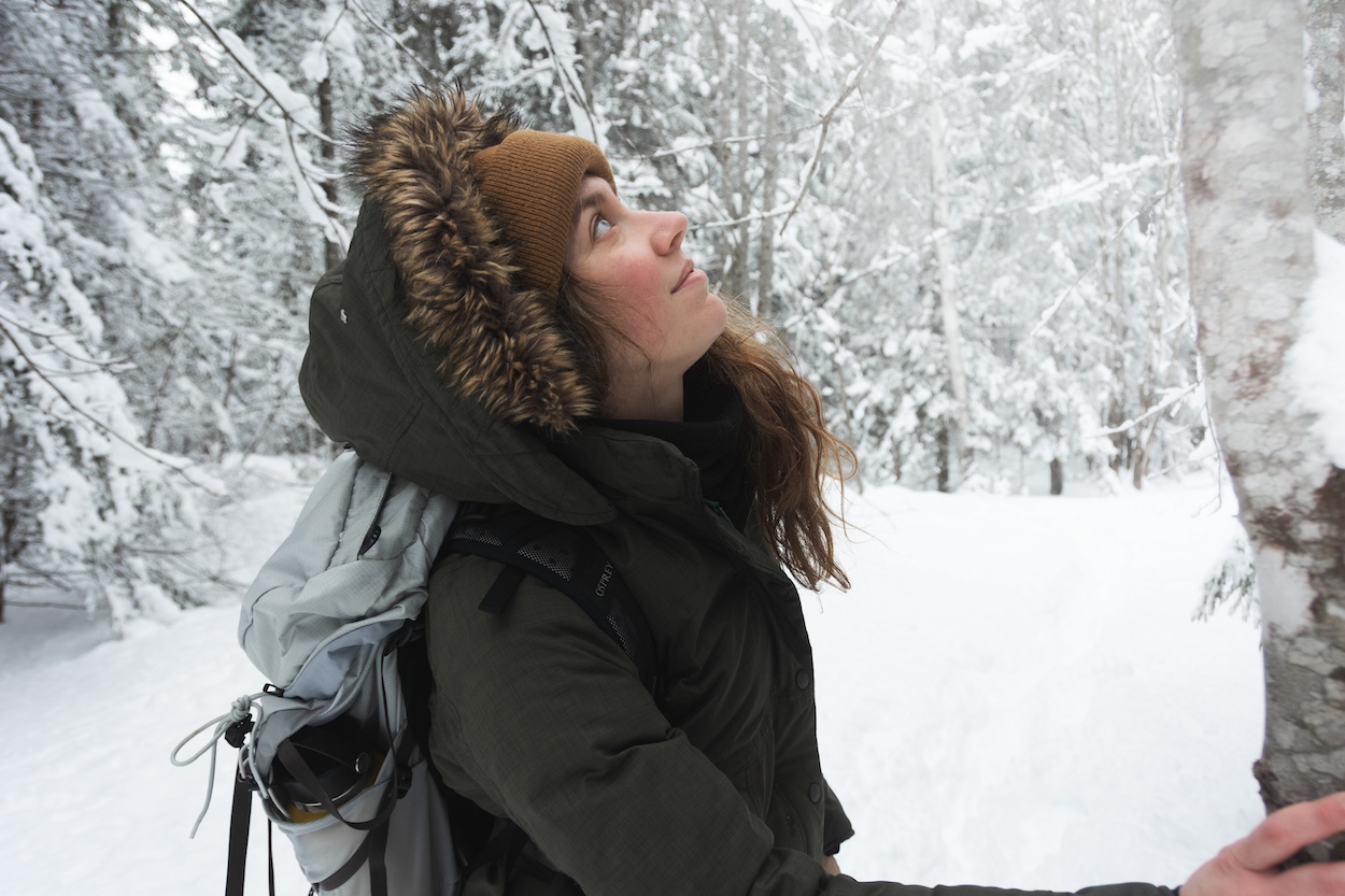 Woman looks up at a tree canopy in a snowy winter forest.