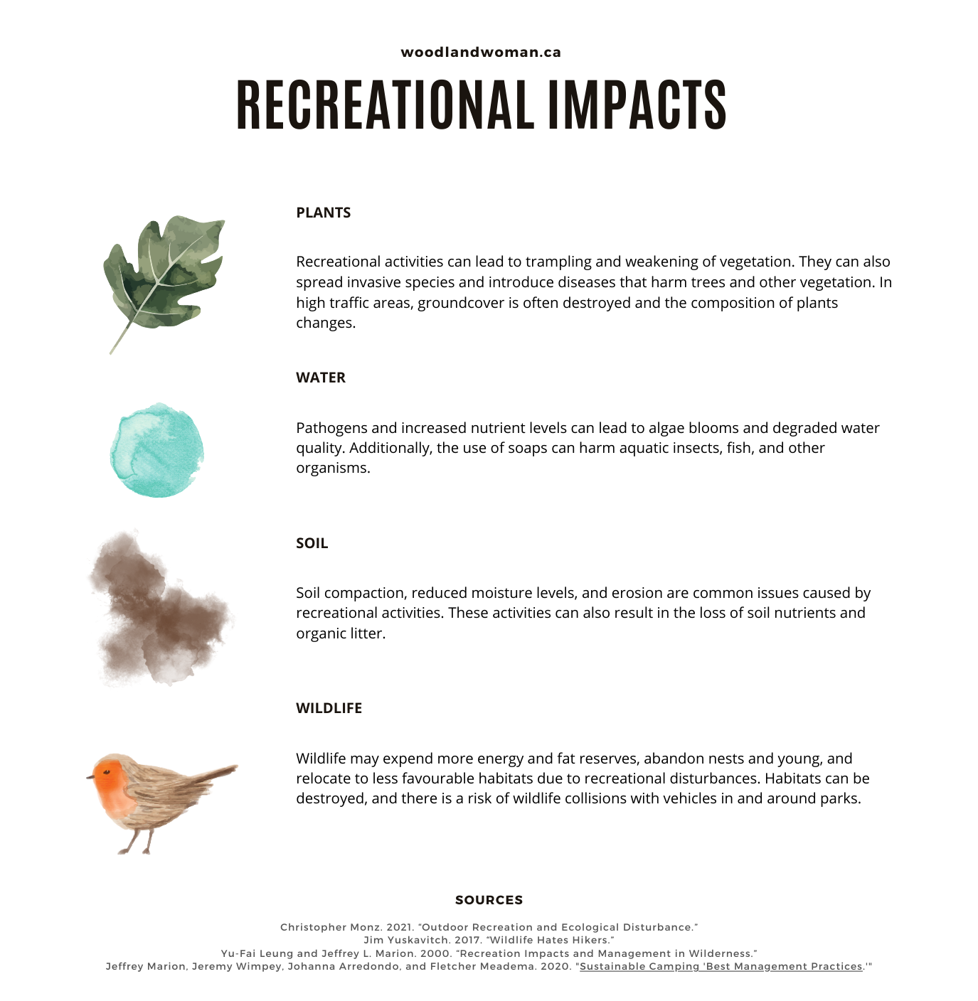 A chart documenting recreational impacts on the environment including plants, water, soil, and wildlife. Low-impact camping can help protect fragile ecosystems.